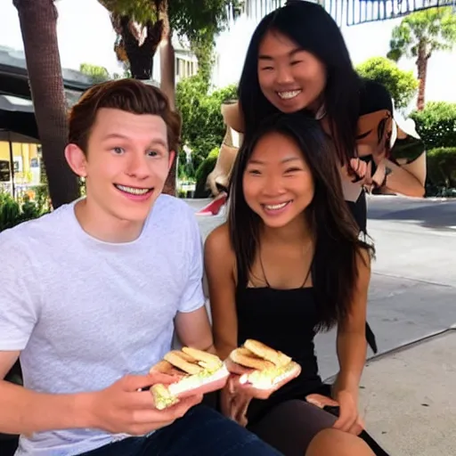 Prompt: Tom Holland eating spam musubi with a beautiful Filipina girl at Chapman University