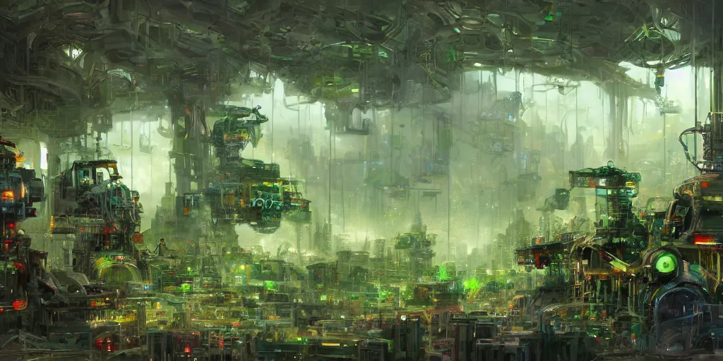 Prompt: robots painting thomas kinkade green landscapes on canvases hung on walls in an abandoned server farm, concept art, sci - fi, cinematic volumetric lighting, tangled wires, kitbashing, greeble