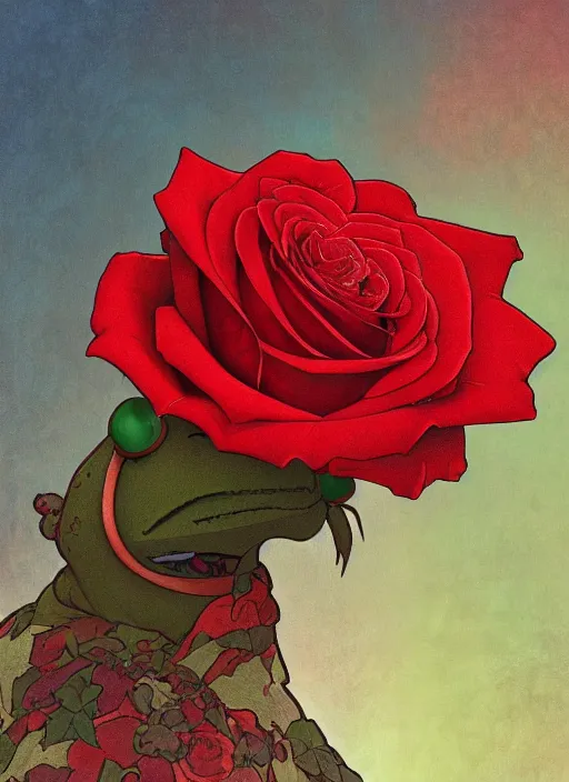 Image similar to kermit posing on a bed colorful red roses, path traced, highly detailed, high quality, digital painting, by studio ghibli and alphonse mucha, leesha hannigan, makoto shinkai, disney