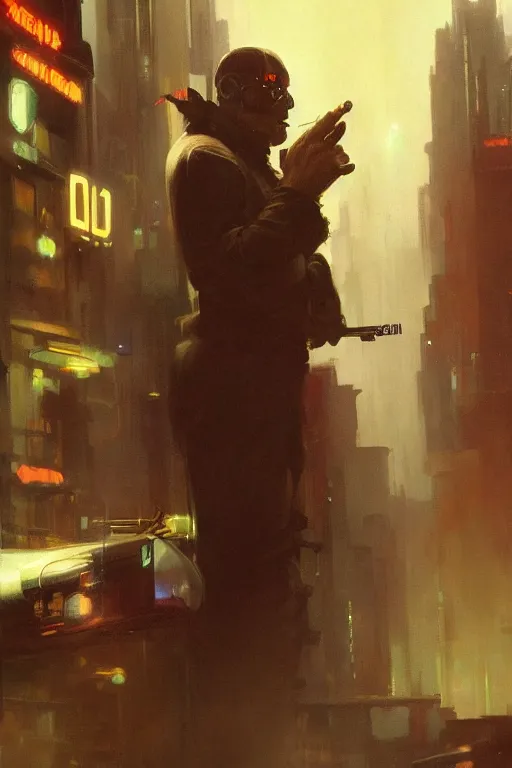 Image similar to An android smoking a cigar in a cyberpunk city, by Frank Frazetta, Trending on Artstation, highly detailed,