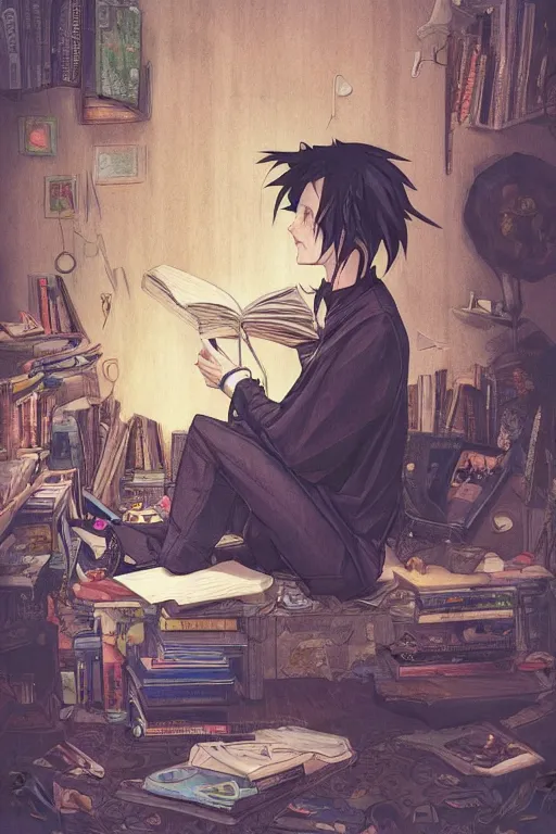 Prompt: goth guy sitting on the floor of a cluttered 9 0 s bedroom reading a book by sophie anderson, vaporwave colors, lo - fi, concept art, smooth, detailed, toon shading, cel shading, animation, 4 k, hd,