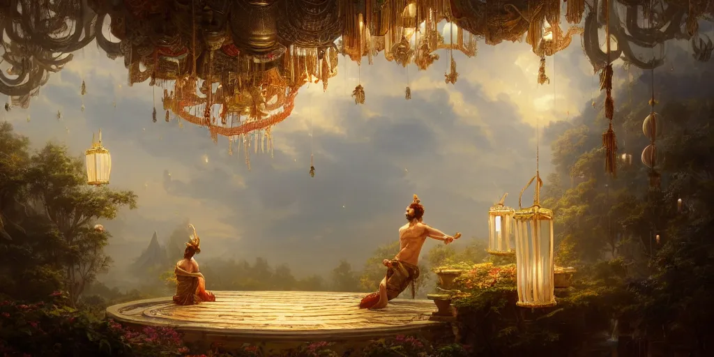 Image similar to painting of a god of wind enjoying his ornate heavenly palace, decorated with windchimes and paper lanterns, stunning nature in background, cinematic, 8 k, hyper detailed, art by greg rutkowski