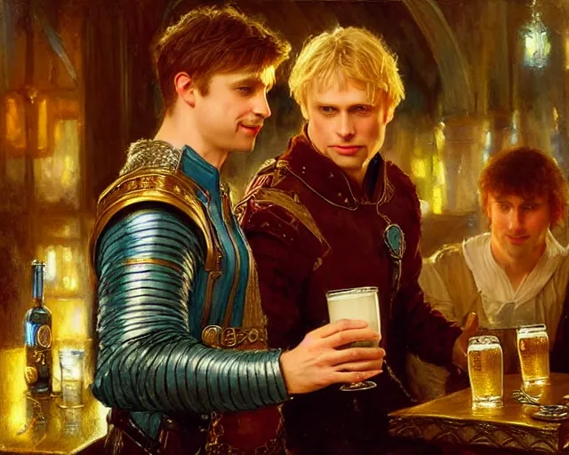 Image similar to attractive arthur pendragon and attractive merlin go to a pub together to have some drinks. highly detailed painting by gaston bussiere, craig mullins, j. c. leyendecker 8 k