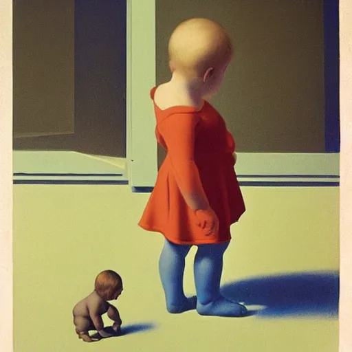 Image similar to a baby's first steps by Raphael, Hopper, and Rene Magritte. detailed, romantic, enchanting, trending on artstation.