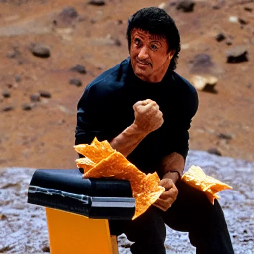 Image similar to sylvester stallone eating doritos sitting on a couch on mars