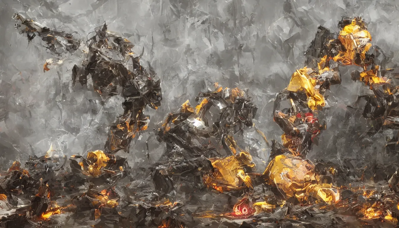 Image similar to ai limbo, gigantic robotic cat with red eyes walks in a trash heap in yellow mist, digital art, trending on artstation, 8k, highly detailed,