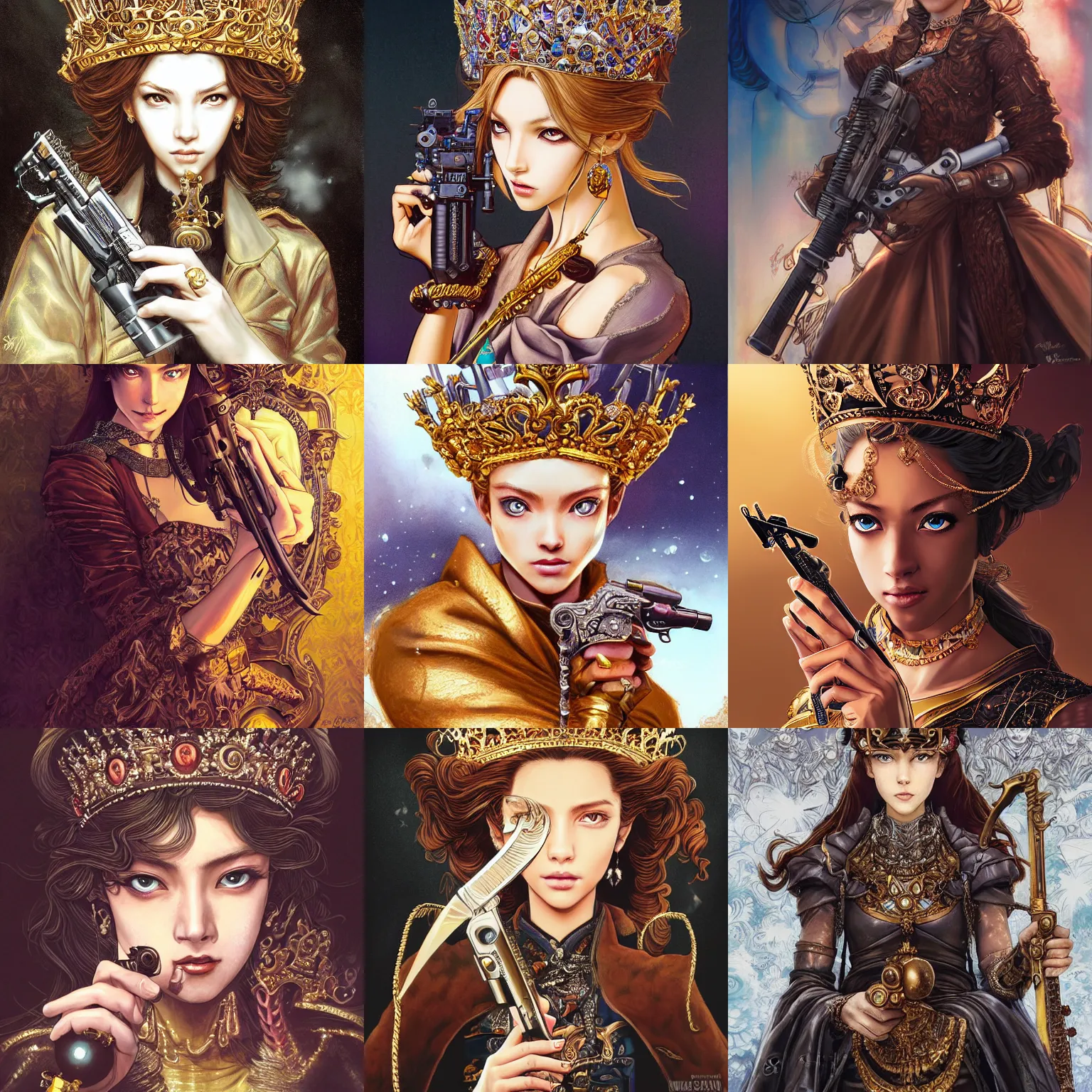 Prompt: potrait of a beautiful young queen, brown eye, wearing a luxurious crown is holding a small luxurious revolver in her hand, face is highly detailed, by masamune shirow, ayami kojima, josan gonzalez, yoshitaka amano, dan mumford, barclay shaw