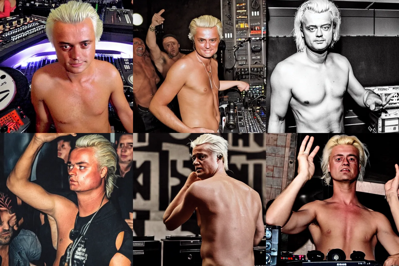 Prompt: geert wilders shirtless as a dj in berghain