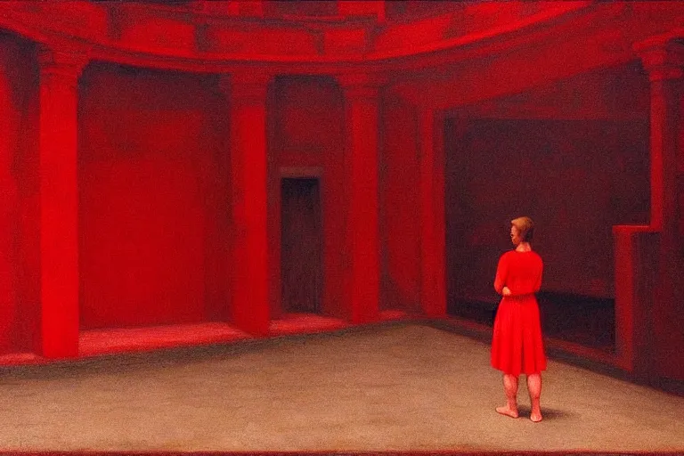 Prompt: only with red, crowd screaming, an exposed picture in a roman theater, in the style of beksinski, parts by edward hopper, parts by rodcenko, parts by yue minjun, intricate and epic composition, red by caravaggio, insanely quality, highly detailed, masterpiece, red light, artstation, 4 k