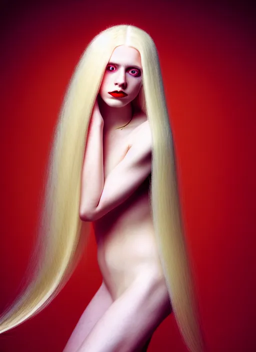 Image similar to kodak color plus 2 0 0 photo portrait of a beautiful woman with long blond hair dressed in long white, fine art photography light painting in style of paolo roversi, professional studio lighting, dark red background, hyper realistic photography, fashion magazine style