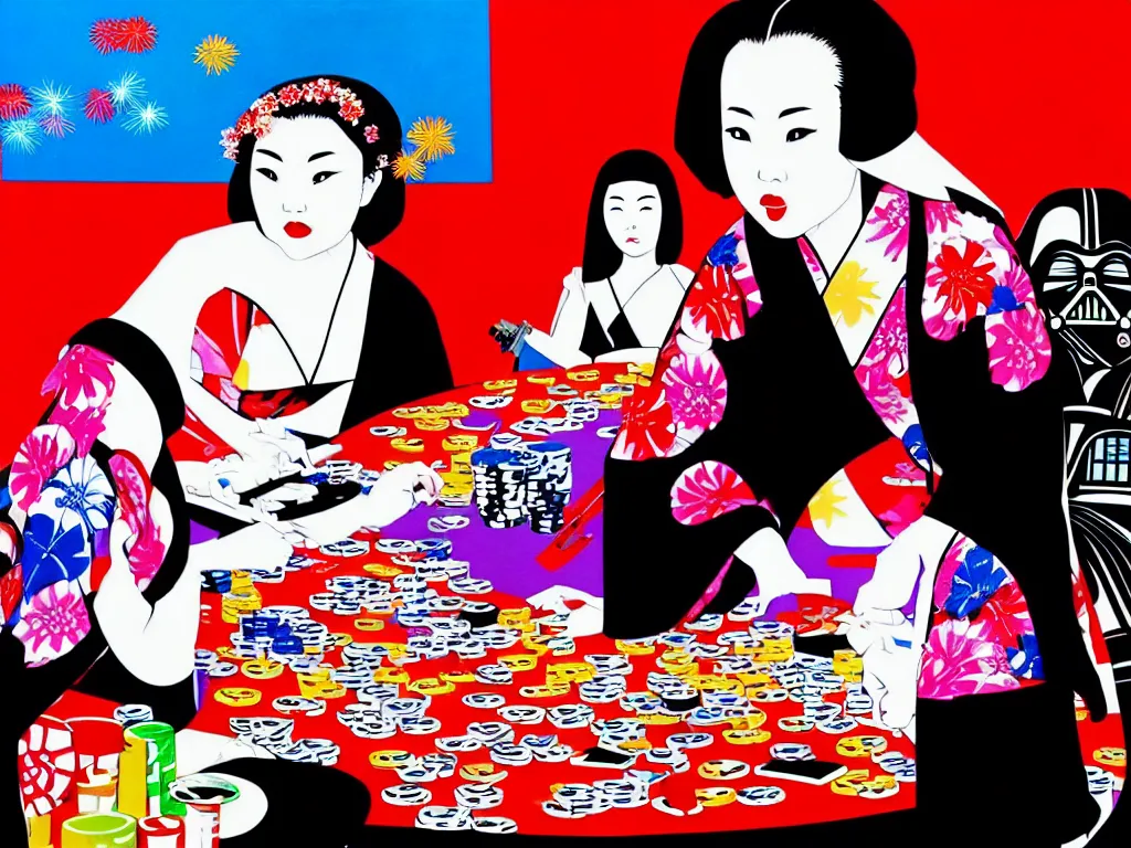 Image similar to hyperrealistic composition of the woman in a japanese kimono sitting at a poker table with darth vader, fireworks, mount fuji on the background, pop - art style, jacky tsai style, andy warhol style, acrylic on canvas