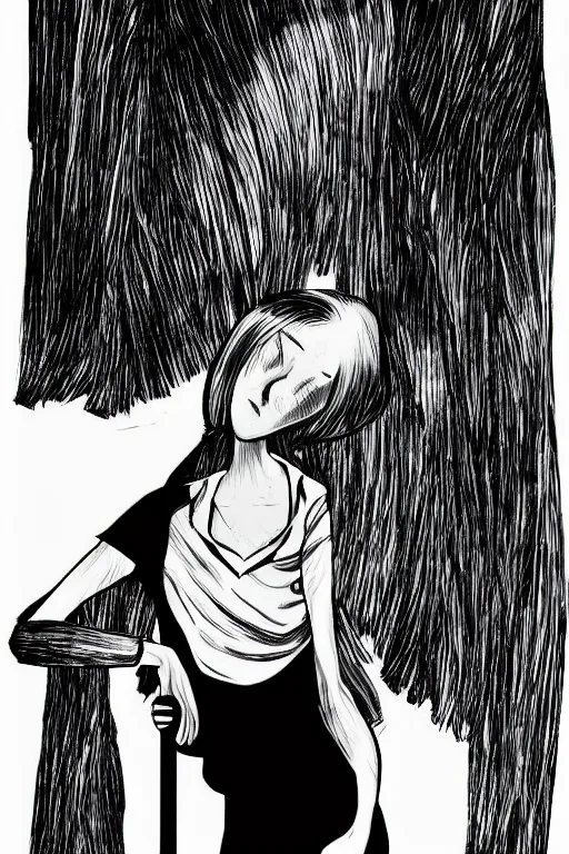 Image similar to portrait of a girl in long pants and a top, hands in pockets, eyes closed, bob haircut, digital art, black and white, illustration by junji ito