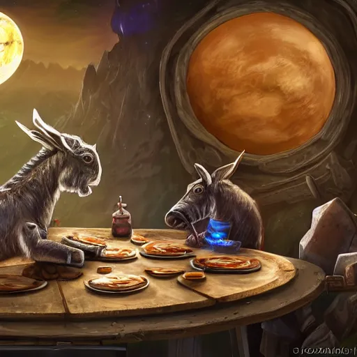 Image similar to zoom out, ultrarealistic, ultradetailed, war donkey eating breakfast, sitting on a futuristic table with aliens, at the end of the universe, very very very ultradetailed, epic fantasy style art, fantasy epic digital art, epic fantasy art, hearthstone style art, pathfinder, dungeons and dragons, floral, planets, stars, galaxies, highlights, organic, concept art