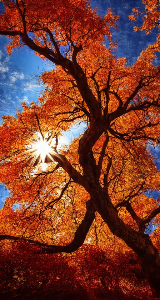 Prompt: beautiful ancient tree made of bone with crimson autumn leaves, melancholy autumn light, red leaves, white bone tree, atmospheric HD photograph, lens flare, depth of field