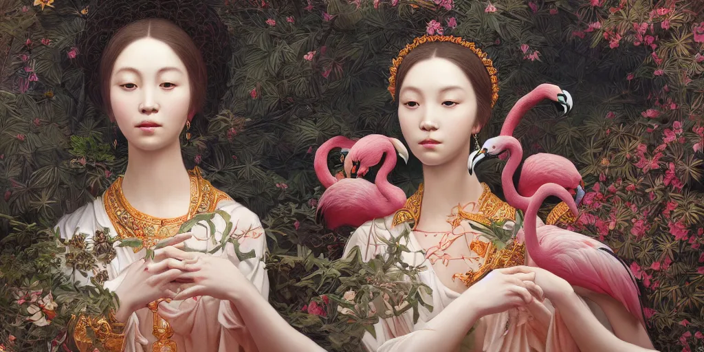 Image similar to breathtaking detailed concept art painting of the goddess of flamingo, orthodox saint, with anxious, piercing eyes, ornate background, amalgamation of leaves and flowers, by Hsiao-Ron Cheng and John James Audubon, extremely moody lighting, 8K