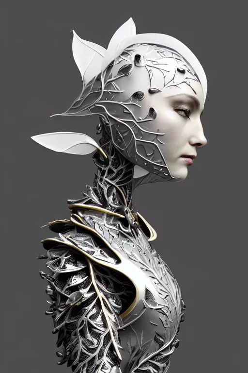 Image similar to monochrome close - up profile face, black background, beautiful young porcelain bio - mechanical vegetal - dragon - cyborg - female, white metallic armour, silver gold details, magnolia leaves and stems, roots, mandelbot fractal, 1 5 0 mm, beautiful natural soft rim light, elegant, hyper real, ultra detailed, octane render, 1 6 k