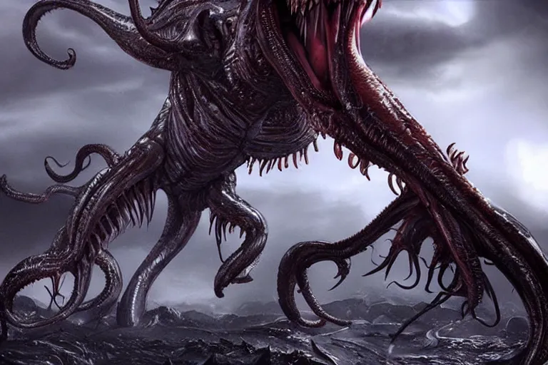 Image similar to venom cthulhu chimera, photorealistic still from Alien Planet(2005), artstation