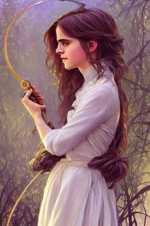 Image similar to beautiful cottagecore emma watson as hermione holding a magic wand, magical Hair, magical forest, intricate, elegant, highly detailed, digital painting, artstation, concept art, smooth, sharp, focus, illustration, art by artgerm and greg rutkowski and alphonse mucha