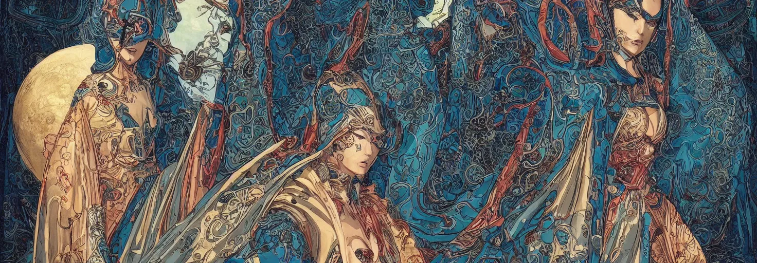 Image similar to beautiful portrait of the mysterious cybernetic masked figure, vogue cover, vogue poses, beautiful ornamental silk cape, intricate, highly detailed, masterful, fantasy world, sci fi world, in the style of moebius, akira toriyama, jean giraud