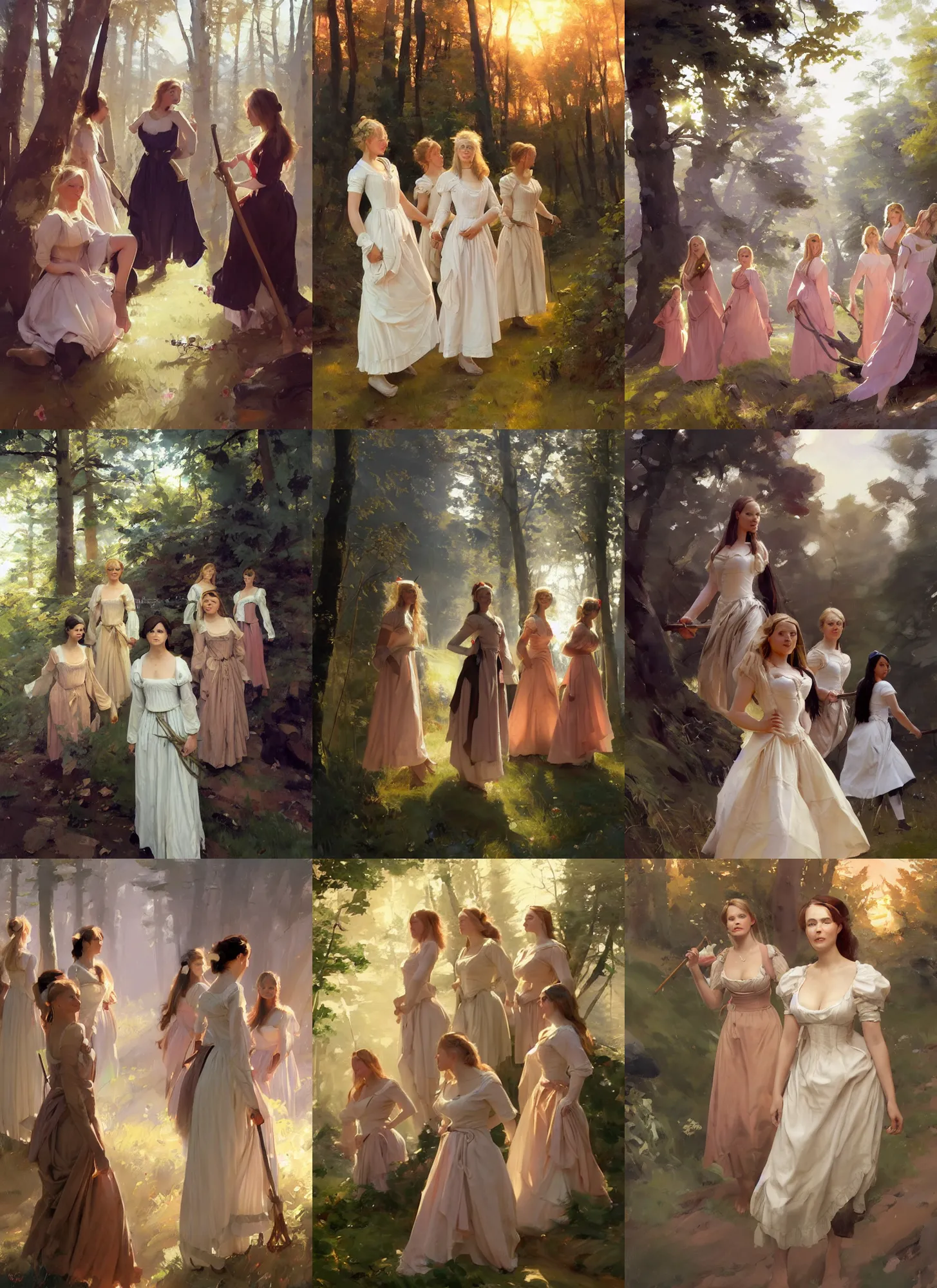 Prompt: group of beautiful finnish norwegian swedish scandinavian attractive glamour models wearing as village maidens in 1 7 th century bodice with low neckline walking in the woods at sunset, jodhpurs greg manchess painting by sargent and leyendecker, studio ghibli fantasy medium shot asymmetrical intricate elegant matte painting illustration hearthstone, by greg rutkowski by greg tocchini by james gilleard