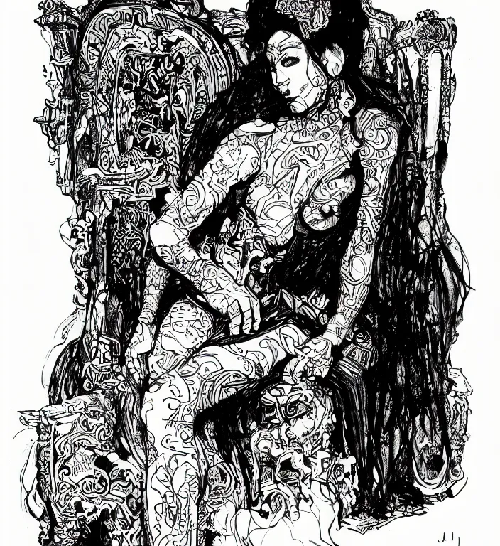 Image similar to salome full figure sitting on throne sketchbook ink drawing by james jean very detailed high contrast