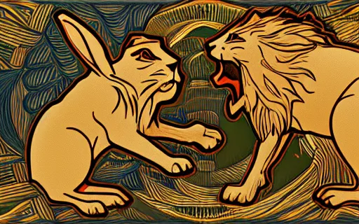 Image similar to rabbit and lion fight fiercely with anger in their eyes, wide angle lens, octane rendering, in the style alfonse mucha, 8 k,