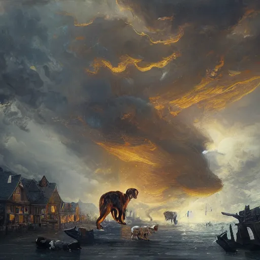 Image similar to a highly detailed oil painting of a giant dog smashing houses renaissance period, 4 k, by greg rutkowski, artstation,