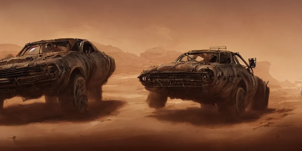 Image similar to an environmental concept art from mad max fury road, single muscle car speeding through the desert, highly detailed, cinematic, dramatic lighting by francis tneh