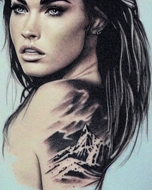 Image similar to double exposure effect tattoo sketch of a megan fox faded with a beautiful mountain scenery, in the style of matteo pasqualin, amazing detail, sharp