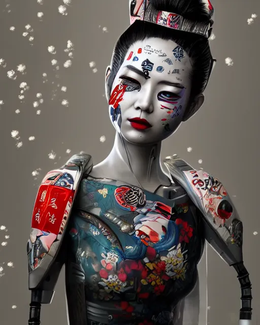 Prompt: an epic fantastic realism comic book style portrait painting of a japanese robotic geisha with kanji tattoos and decals, cherry blossom rain everywhere, apex legends, octane render