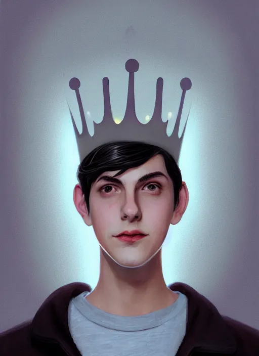 Image similar to portrait of teenage jughead jones wearing a light grey crown, crown, hamburger background, eyes closed, crown, black hair, intricate, elegant, glowing lights, warm lighting, highly detailed, digital painting, artstation, concept art, smooth, sharp focus, illustration, art by wlop, mars ravelo and greg rutkowski
