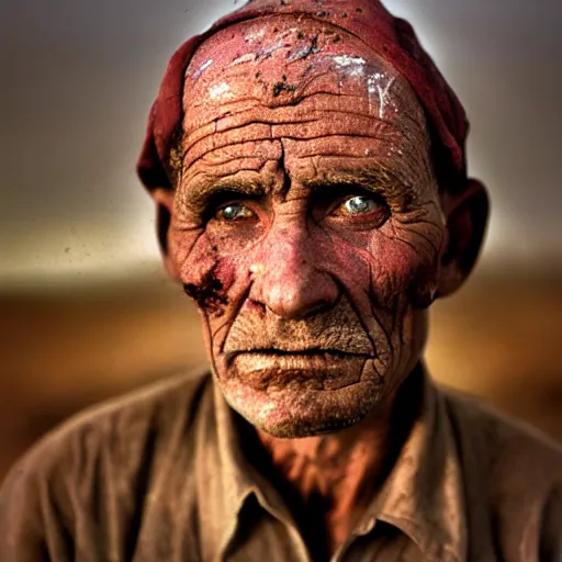 Image similar to A beautiful high quality portrait photo of an old puruvian mine worker with wrinkles, dirty face, helmet, by Steve McCurry, dramatic lighting and colors