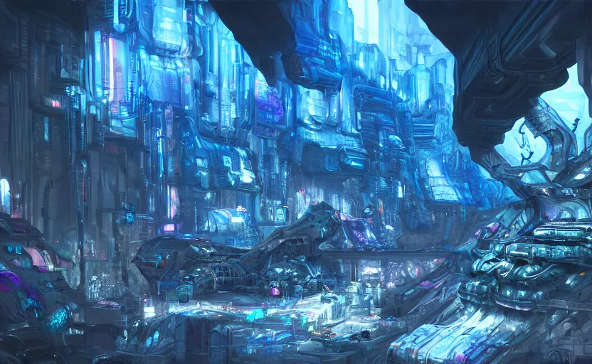 Image similar to cyberpunk factory in a dark cave, blue crystals, hyper detailed, realistic, intricate, concept art by frank hong, mate painting, artstation