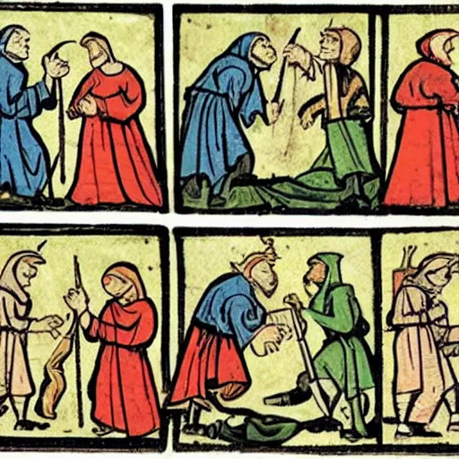 Image similar to a comic strip from medieval age,