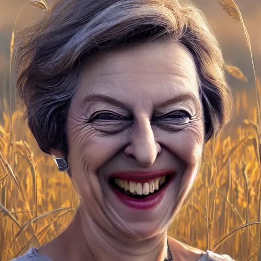Image similar to highly detailed close up portrait of a laughing Theresa May ((Theresa May)) by Ruan Jia and Mandy Jurgens and Artgerm and William-Adolphe Bouguerea, 4k resolution, misty happy color scheme!!! ((field of wheat background))