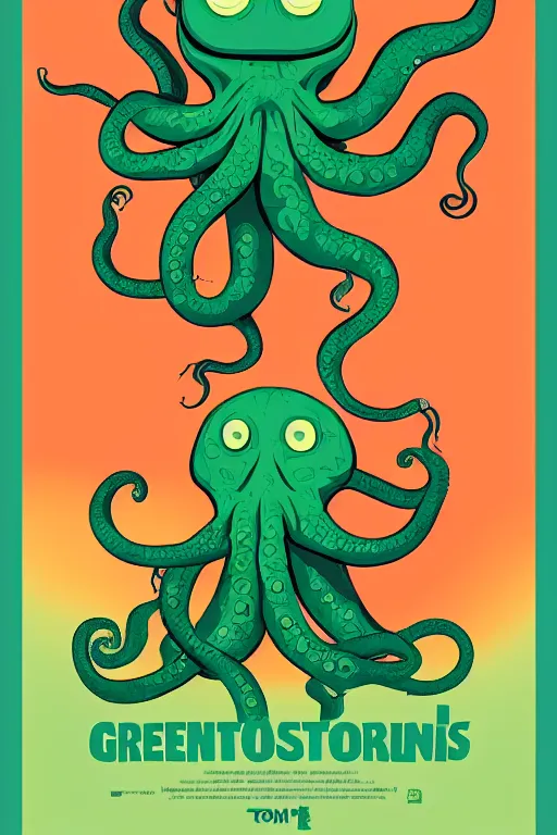 Prompt: a movie poster for the film (green octopus dancing with tentacles) by Tom Whalen, highly detailed, award winning creature portrait, fantasy, artstation