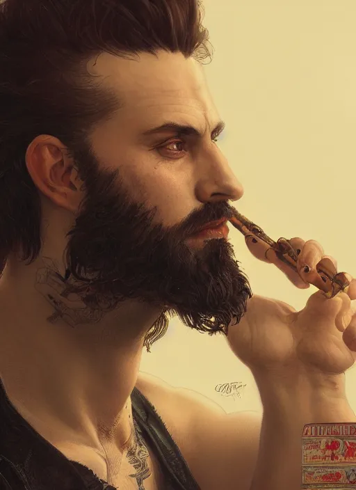 Prompt: close up portrait painting of a bearded rockstar, back and rim lighting, ultra realistic, concept art, intricate details, serious, highly detailed, photorealistic, octane render, 8 k, unreal engine. art by artgerm and greg rutkowski and alphonse mucha