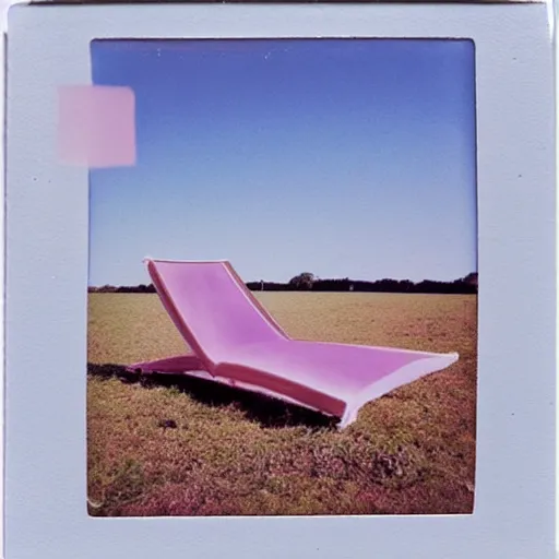 Image similar to a pastel coloured Polaroid photo of a sun lounger made of transparent iridescent perspex stood centrally in a field, beams of light, nostalgic