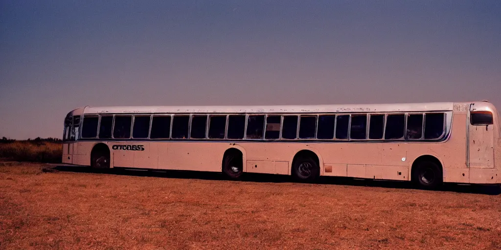 Image similar to exterior of a greyhound bus in the middle of nowhere, sunset, eerie vibe, leica, 2 4 mm lens, cinematic screenshot from the 2 0 0 1 film directed by charlie kaufman, kodak color film stock, f / 2 2, 2 4 mm wide angle anamorphic