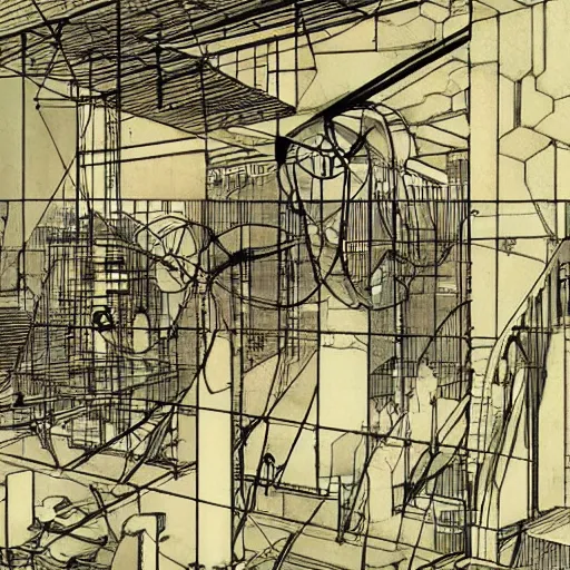 Prompt: Industrial Anime Superdesign created by Leonardo da Vinci in the style of Bernard Tschumi
