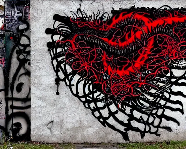 Image similar to 16k footage of a wall that has some lovecraftian graffiti on it inspired by wretched dragon rib cage. lovecraftian graffiti in red and black colors. the art is cursed and ecrusted with jewels.