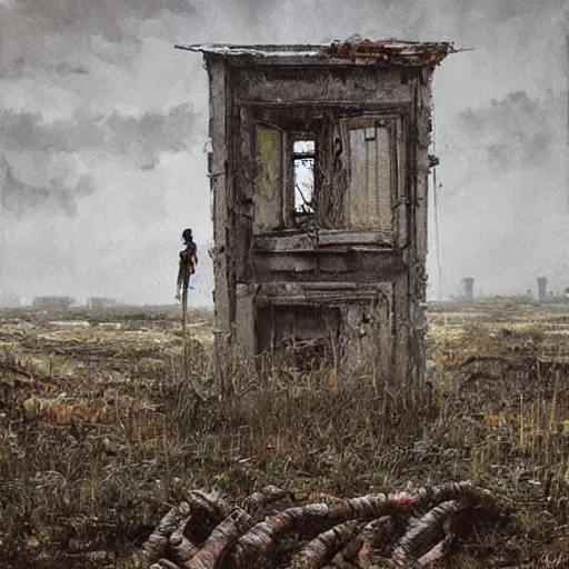 Image similar to painting of a abandoned post soviet town infested with humanoid root monsters by jakub rozalski