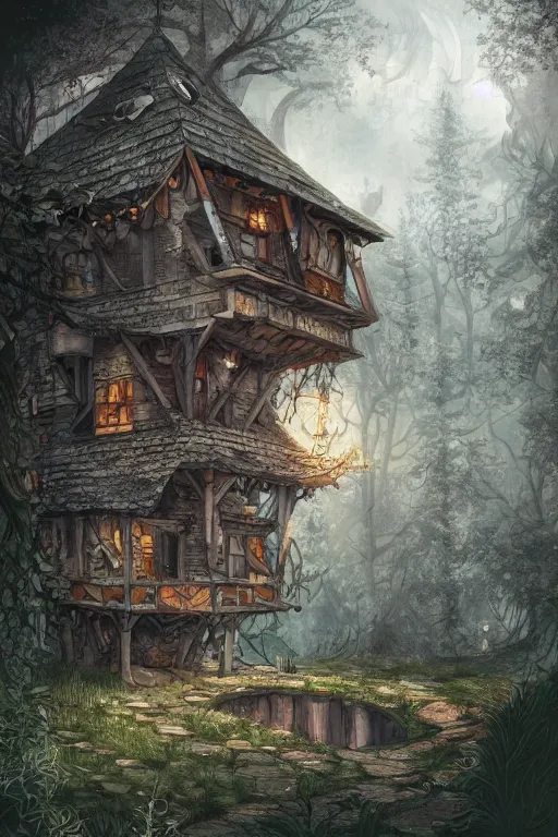 Image similar to a storybook ramshackle multistory hut in the woods, intricate, elegant, fantasy, highly detailed, digital painting, concept art, sharp focus, illustration, artstation, fairytale style