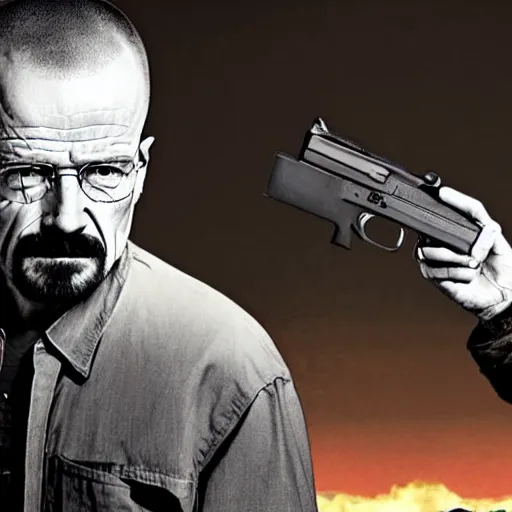 Prompt: Walter white holding a gun to jesse pinkmans head, poster, dramatic