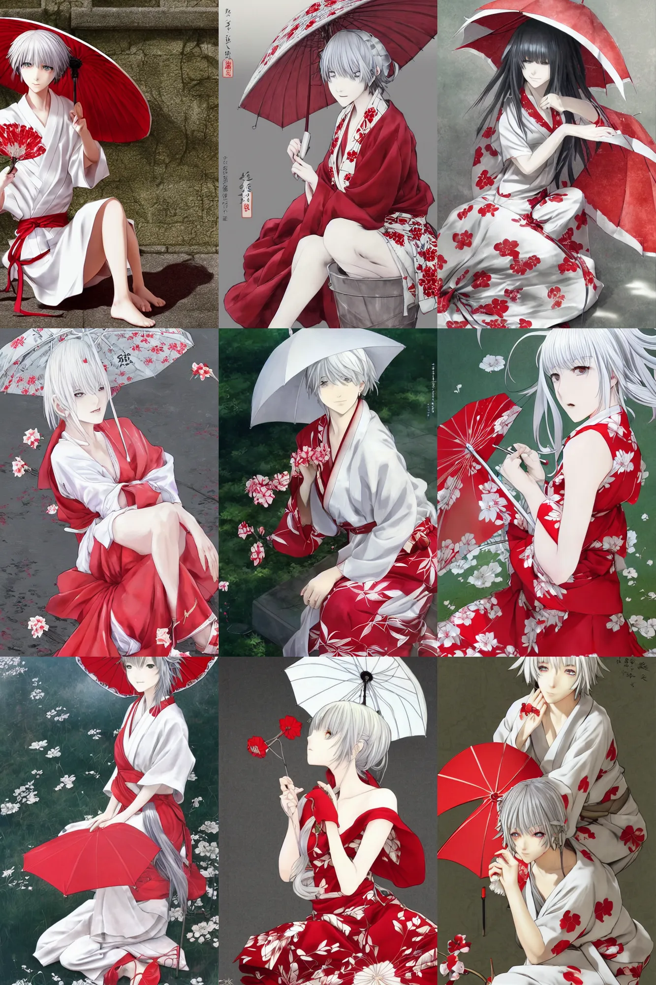 Prompt: beautiful girl, silver hair, red umbrella, white yukata with red flower patterns, sitting, detailed, looking to camera, full body shot, ilustration by Takehiko Inoue ((and Krenz Cushart))