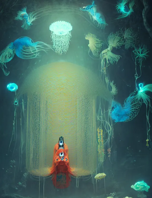 Image similar to 3 d liminal space abandoned temple forest. beautiful intricately detailed japanese crow kitsune mask and clasical japanese kimono. betta fish, jellyfish phoenix, bio luminescent, plasma, ice, water, wind, creature, artwork by tooth wu and wlop and beeple and greg rutkowski