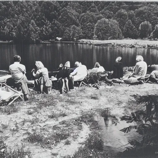 Image similar to photograph from the sixties of people sitting by a lake in summer, degraded, aged, light leak