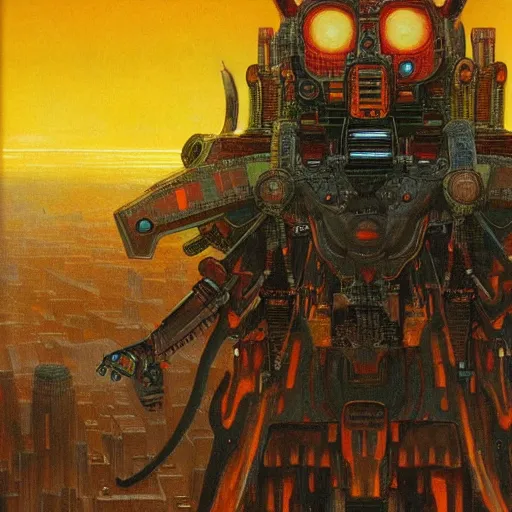 Prompt: giant mayan mecha with flaming eyes standing over city, perfectly clear face, by j. c. leyendecker and beksinski