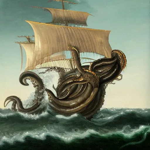 Prompt: a painting of the kraken pulling a ship into the sea