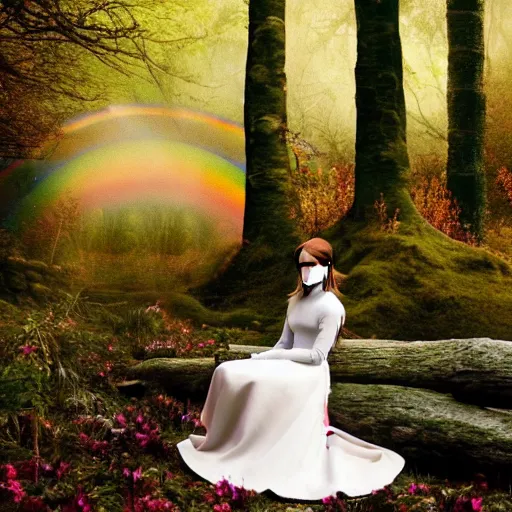 Image similar to emma watson as an elf wearing a long rainbow wedding gown sitting in a colorful forest